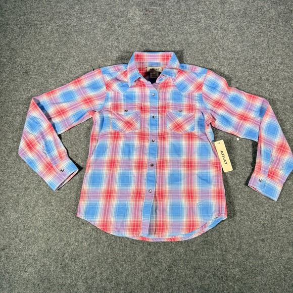 Ariat Other - Ariat Youth Medium 10 Blue Pink Plaid Western Long Sleeve Pearl Snap Shirt
